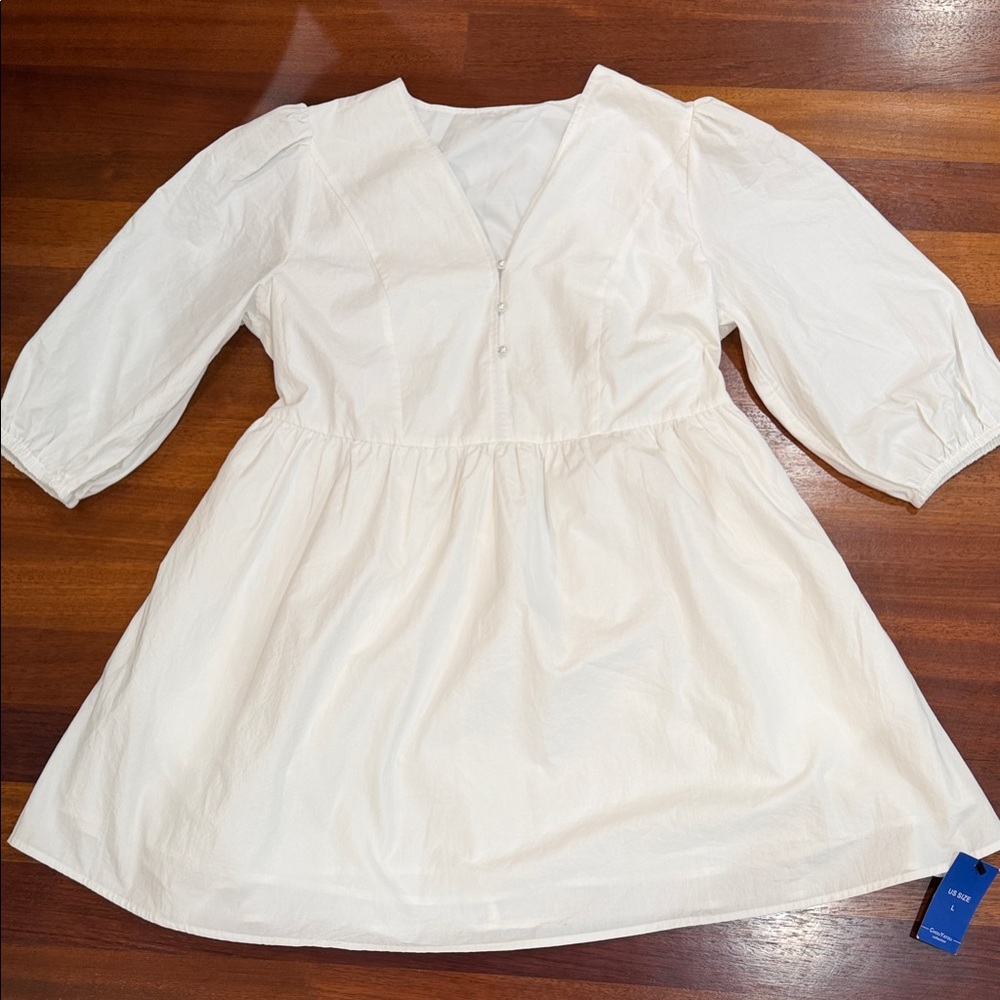 CHOUYATOU White 100% Cotton Pearl Button V-Neck Mini Dress NWT L cottagecore